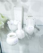 Collection of Victorian opaque white pressed glass comprising a vase of tapering square form