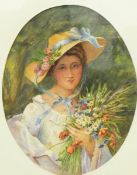 19th century school Watercolour drawing Half-length oval portrait of girl wearing bonnet and