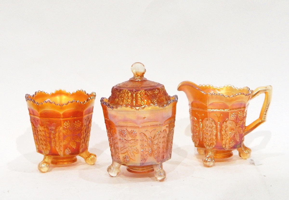 Marigold carnival glass set by Fenton, in the 'Butterfly and Berry' pattern, comprising jug, - Image 3 of 4