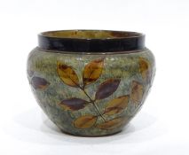 Royal Doulton stoneware jardiniere with decorative mottled green ground, incised leaf decoration,