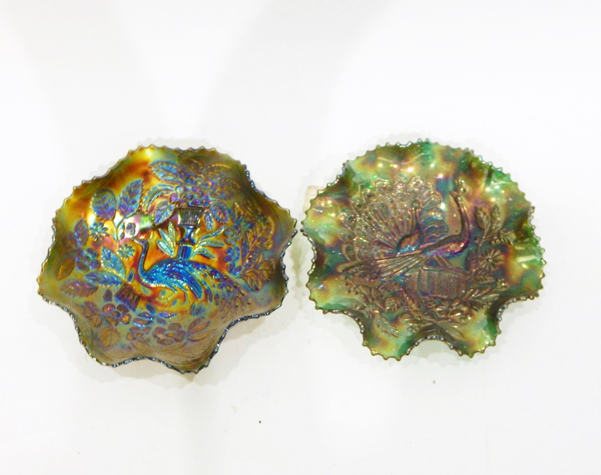 Three carnival glass dishes by Fenton, decorated with the 'Peacock and Urn' pattern (one amethyst, - Image 6 of 7