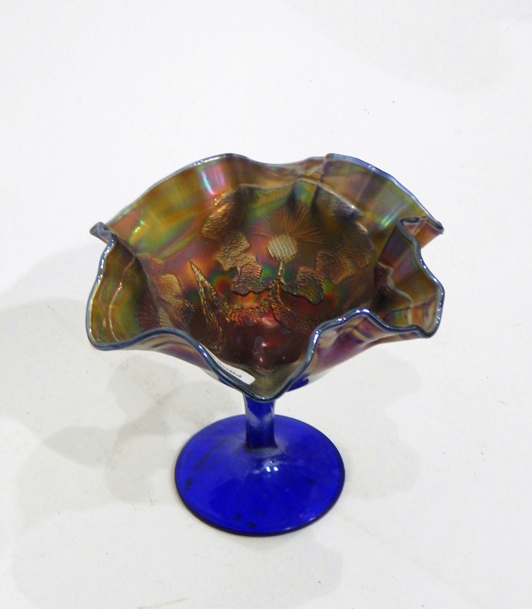 Carnival glass pedestal bowl decorated in the 'Butterfly Bush' pattern, 24cm diameter, - Image 3 of 5