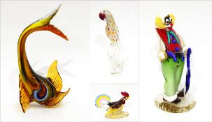 Four Murano glass models, one of a parrot, 34cm high, one of a clown (hand missing), 33cm high,