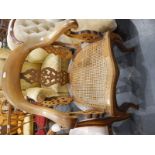 Victorian walnut open back armchair with pierced fretwork splats, cane panel seat,