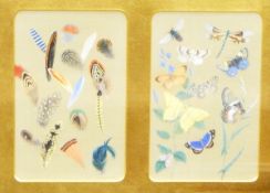 Dual-mounted watercolours on silk of studies of butterflies and feathers together with a 19th