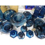 Large quantity of blue cloud glass including sundae dishes, trumpet vases, candlesticks, pin trays,