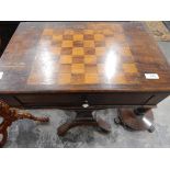 Mid 19th century mahogany workbox, the top inlaid for chess, fitted segmented drawer, over a slide,