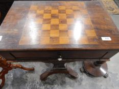 Mid 19th century mahogany workbox, the top inlaid for chess, fitted segmented drawer, over a slide,