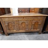 18th century oak coffer, the two-plank top with moulded edge,