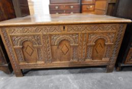 18th century oak coffer, the two-plank top with moulded edge,