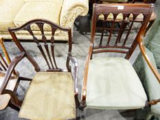 Edwardian line inlaid mahogany open armchair and another mahogany open armchair (2)