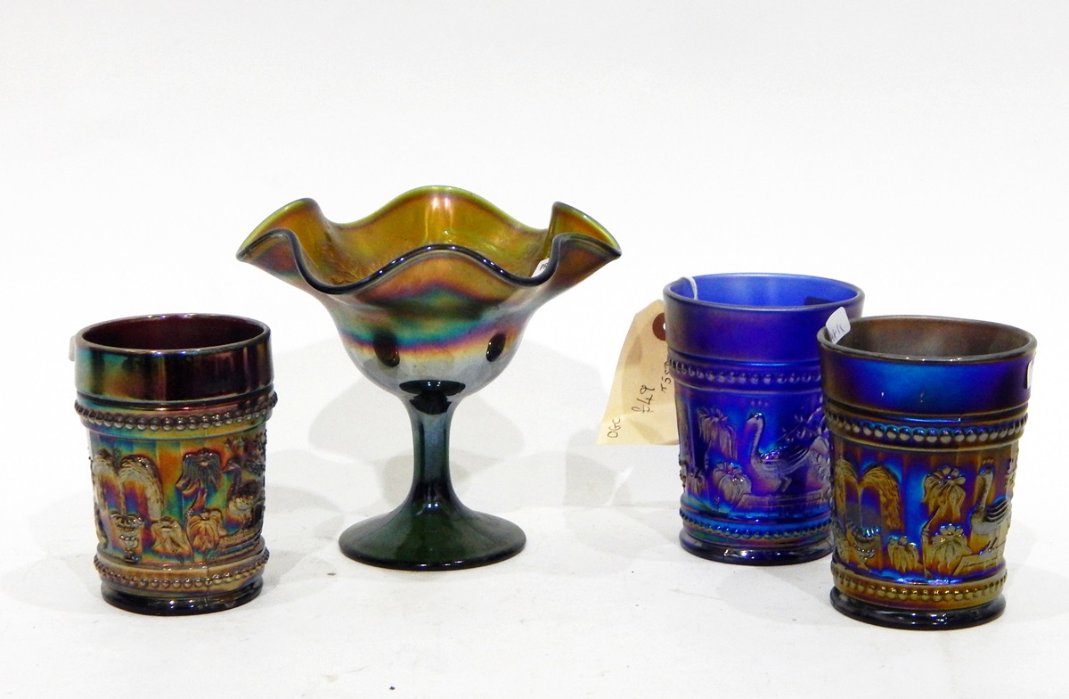 Three carnival glass dishes by Fenton, decorated with the 'Peacock and Urn' pattern (one amethyst, - Image 4 of 7