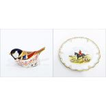 Set of four Royal Crown Derby bone china dessert plates with hand painted hunting scenes,