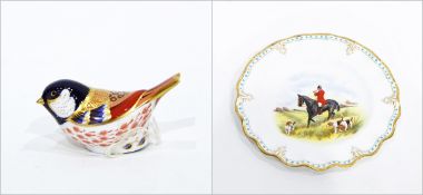 Set of four Royal Crown Derby bone china dessert plates with hand painted hunting scenes,