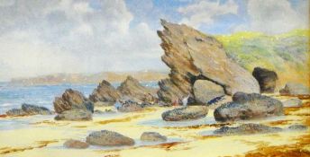 Three 19th century oils on board to include two of rocky beach scenes and another of continental