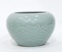 Chinese celadon brushwasher with moulded wave decoration, underglaze blue mark to base,
