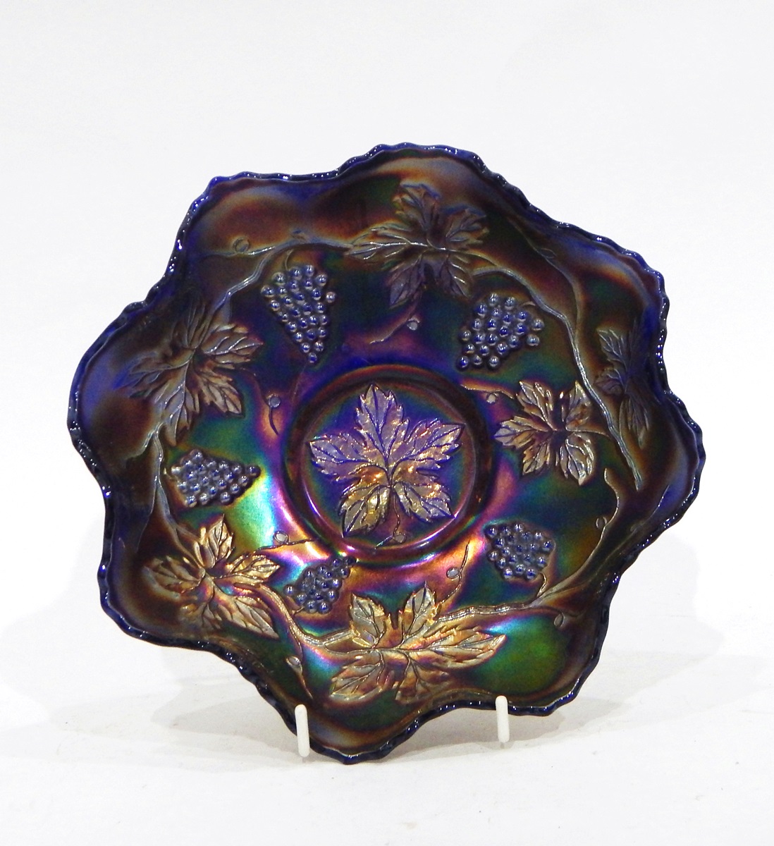 Amethyst carnival glass dish in the 'Grape and Cable' pattern, 23cm wide, - Image 6 of 6