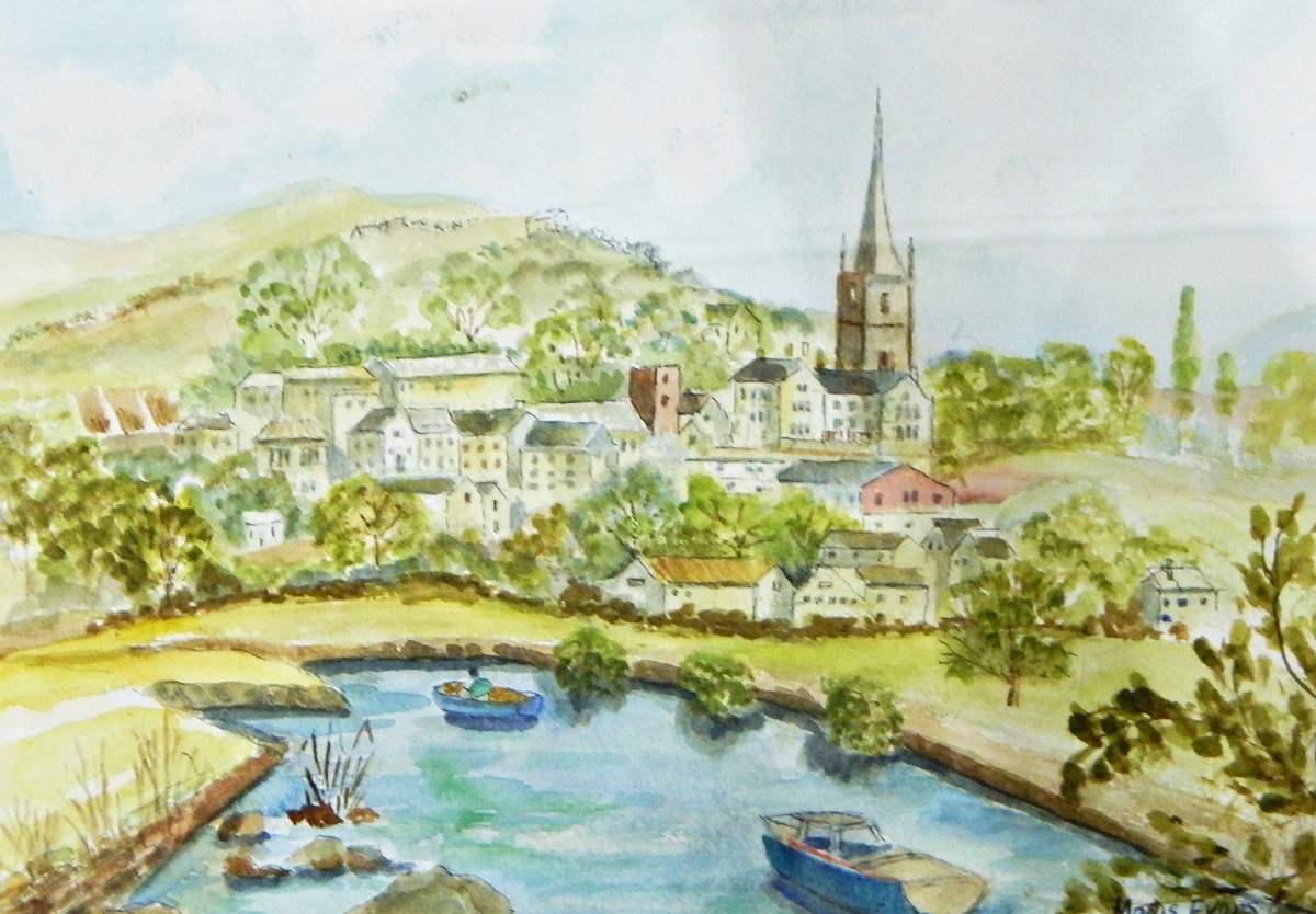 Four watercolour drawings and one pastel, Ross on Wye, Town scene with Church,