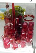 Quantity of cranberry and red glass including a decanter and stopper with etched fruiting vine