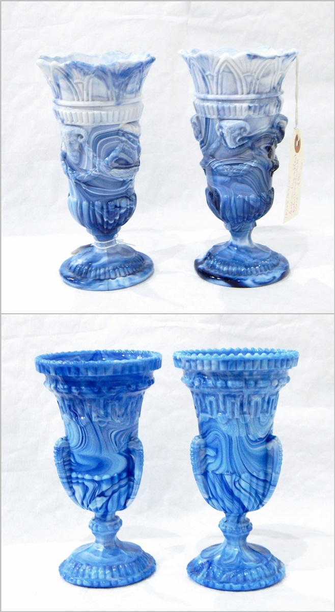 Pair of Victorian blue marbled pressed glass vases of urn form with borders of Greek key pattern,