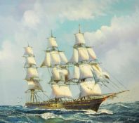 20th century school Oil on canvas Square-rigged ship at full sail in open seas,
