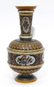 Mettlach stoneware vase of ball and shaft pedestal design, incised and raised decoration,