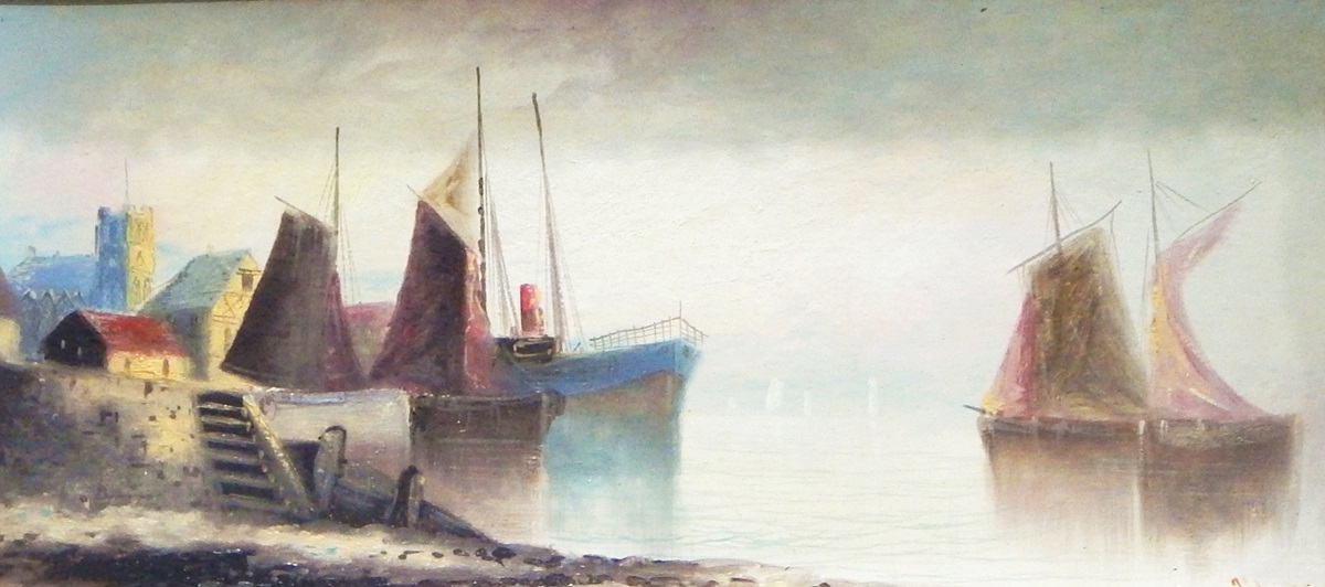 G Hart (late 19th century) Oil on board Fishing boats off harbour, signed lower right,