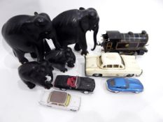 Quantity of playworn Corgi diecast model cars and other items including a very worn Hornby engine