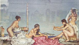 After Sir William Russell Flint Colour print four nude females beside sea,