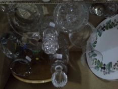 Quantity of glass including antique decanter, biscuit barrel, jugs, antique water jug, ceramics,