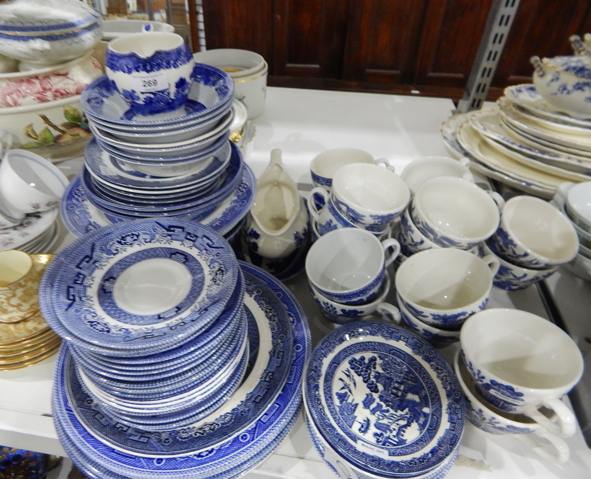 Quantity of Churchill willow pattern blue and white part dinner service including meat plates,