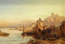 James Webb (circa 1825-1895) Oil on canvas Riverside city scene with figures in foreground on
