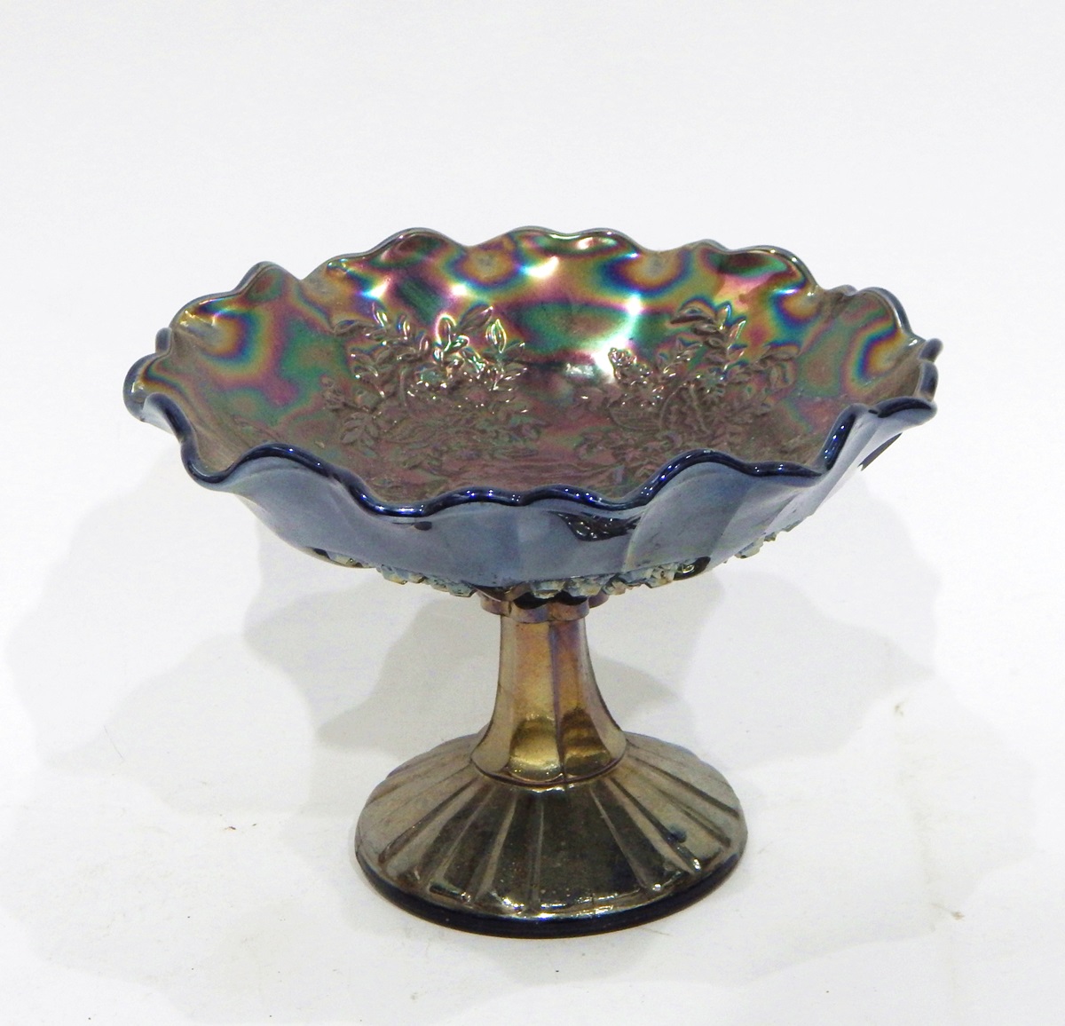 Carnival glass pedestal bowl decorated in the 'Butterfly Bush' pattern, 24cm diameter, - Image 5 of 5