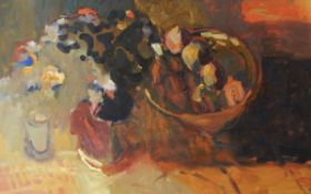 Julia Bond Oil on board Still life with fruit in bowl, approx.