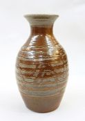 Ray Finch Winchcombe pottery vase with flared rim and ovoid body, wax resist meander decoration,