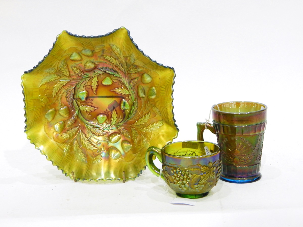 Northwood green carnival glass bowl with wavy rim decorated in the 'Wild Strawberry' pattern, - Image 3 of 4