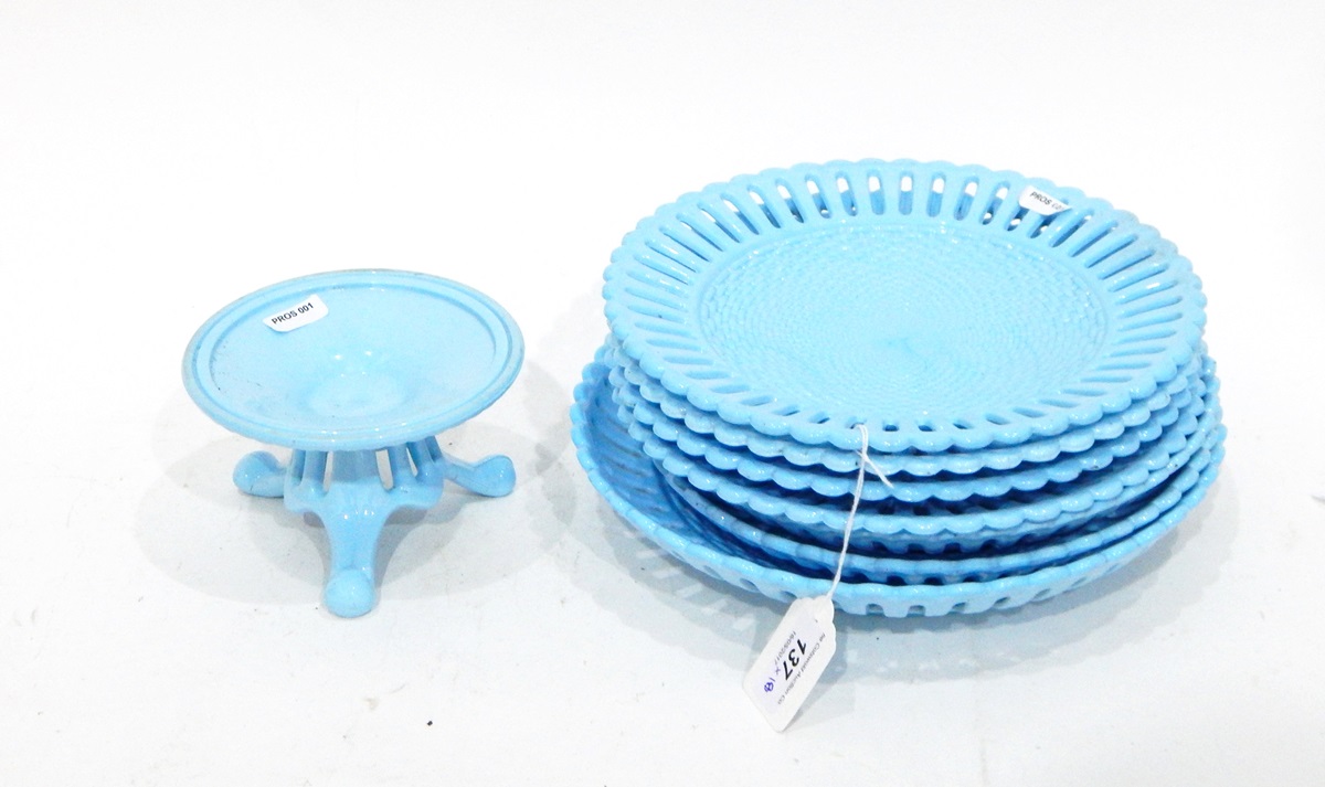 Victorian Sowerby opaque blue pressed glass dessert service comprising 15 plates of assorted sizes