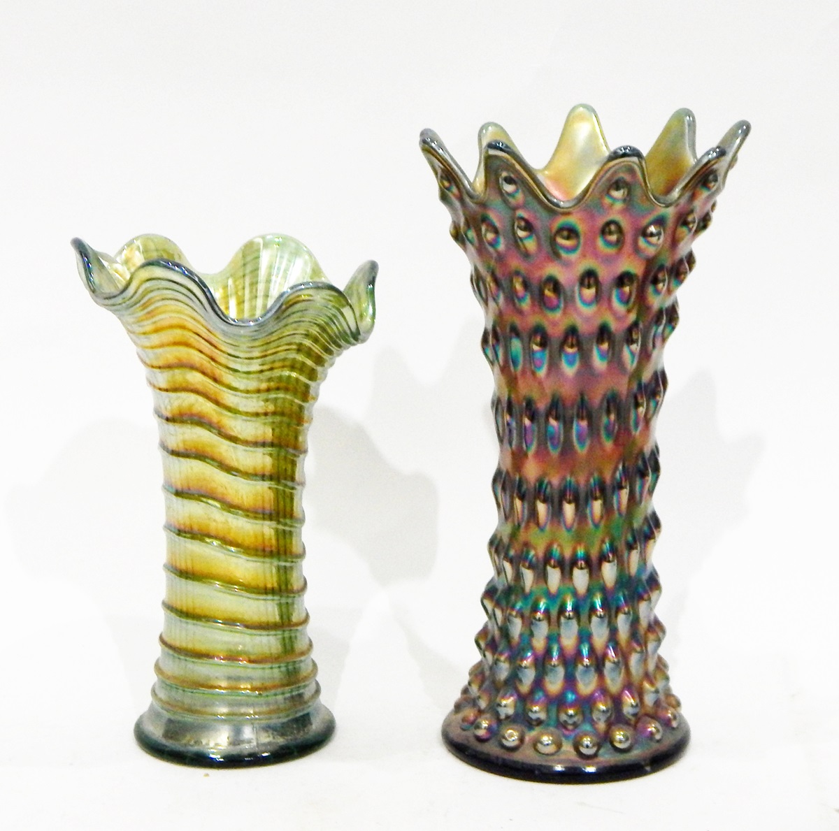 Four green carnival glass vases, all of flared design with wavy rims, - Image 2 of 4