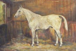 19th century school Oil on canvas Flea-bitten grey horse in stable,