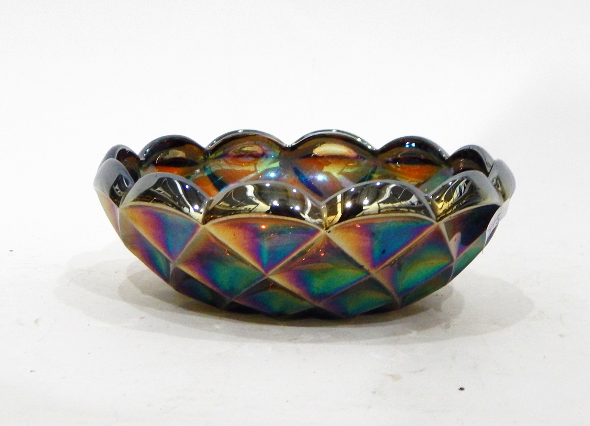 Brockwitz blue carnival glass bowl in the 'Northern Lights' pattern, 24cm diameter, - Image 4 of 4