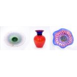 Red and blue Art glass vase of baluster form with red body and blue neck,