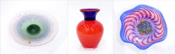 Red and blue Art glass vase of baluster form with red body and blue neck,