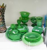 Quantity of early to mid 20th century green opaque glass including a dressing table set,