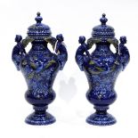 Pair of French faience 'A Montagnon' vases and covers of renaissance style, baluster form,