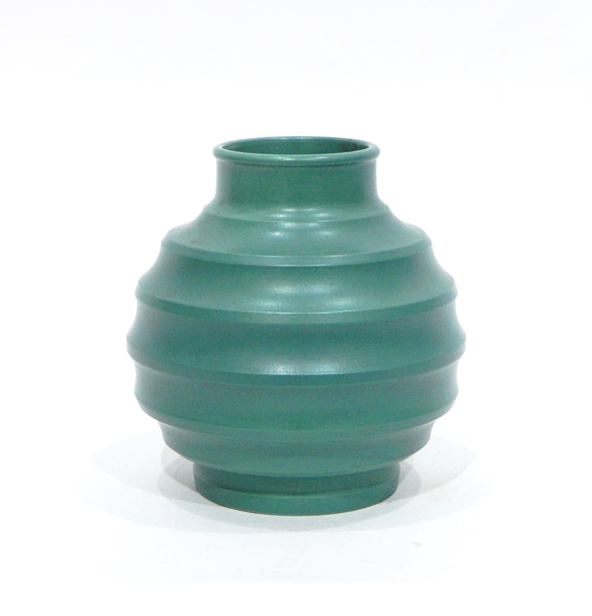 Keith Murray for Wedgwood globular vase of ribbed form, green ground,