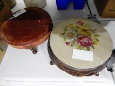 Circular Victorian carved wood footstool with tapestry cover and a small Victorian velvet covered