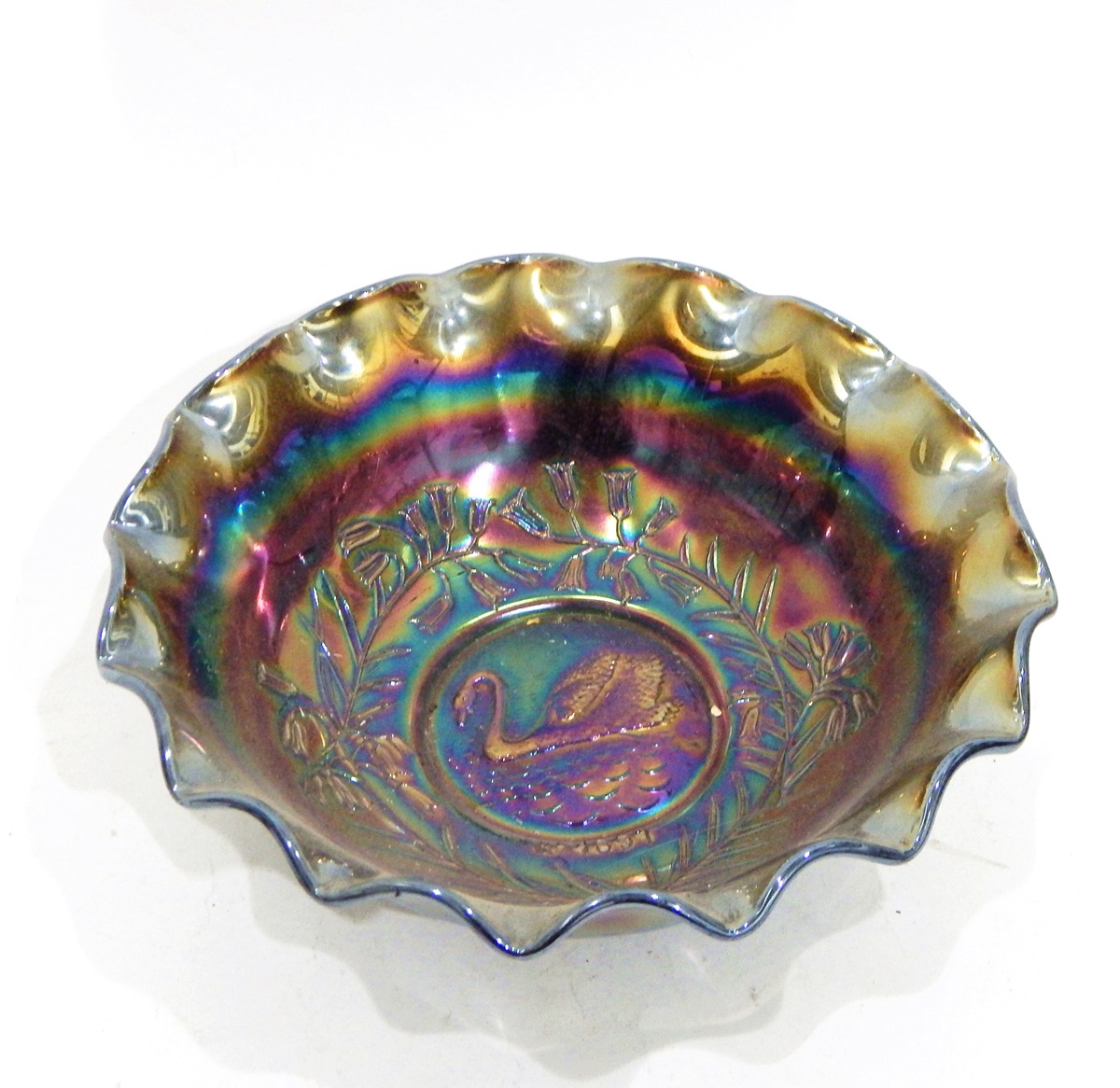 Three carnival glass dishes by Fenton, decorated with the 'Peacock and Urn' pattern (one amethyst, - Image 2 of 7
