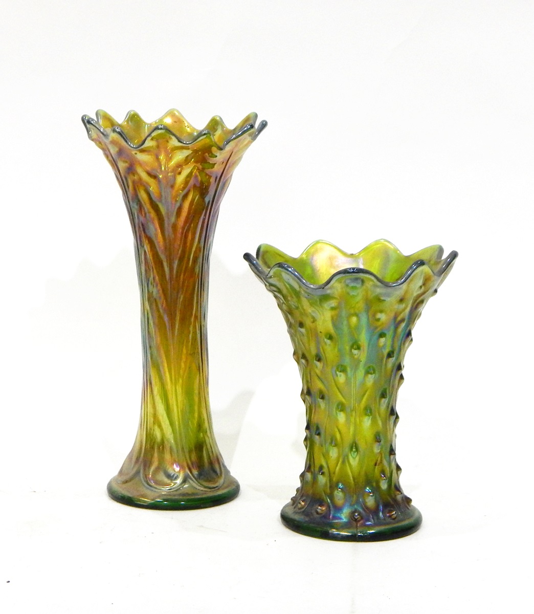 Four green carnival glass vases, all of flared design with wavy rims, - Image 3 of 4