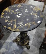 Victorian lacquered painted and mother-of-pearl inlaid circular pedestal table decorated with