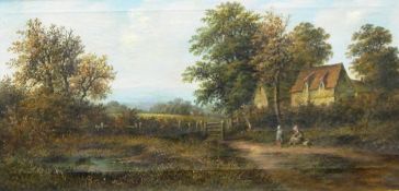 George Eyres (late 19th century) Oil on canvas Rural landscape with figure and child on pathway,